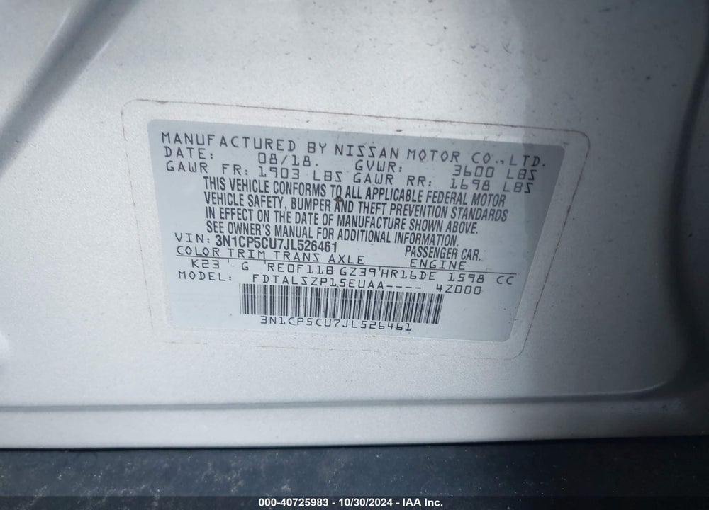 2018 NISSAN KICKS SV VIN: 3N1CP5CU7JL526461