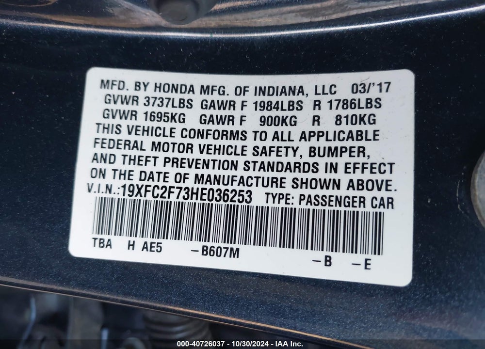 2017 HONDA CIVIC EX VIN: 19XFC2F73HE036253