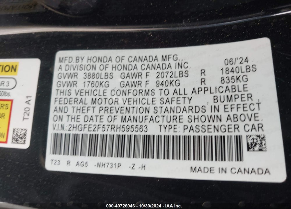2024 HONDA CIVIC SPORT VIN: 2HGFE2F57RH595563