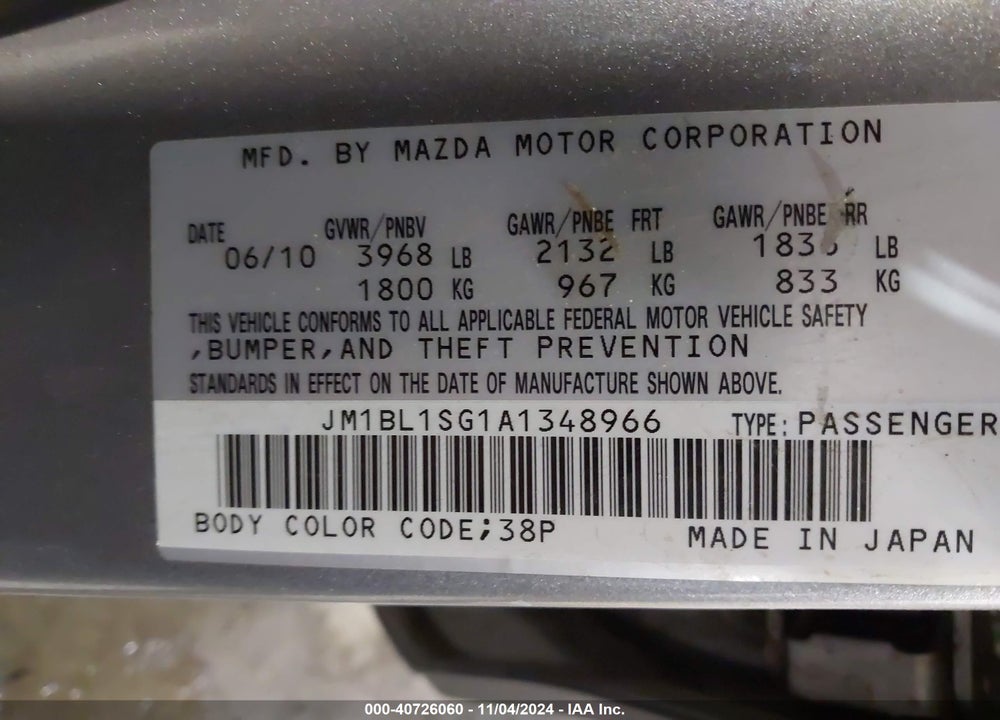 2010 MAZDA 3 I TOURING VIN: JM1BL1SG1A1348966