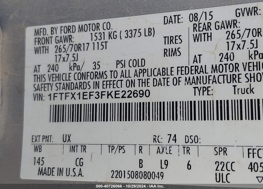2015 FORD F-150 XL VIN: 1FTFX1EF3FKE22690