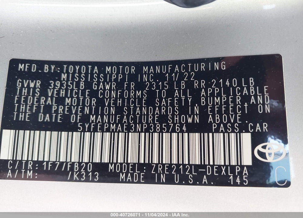 2022 TOYOTA COROLLA LE VIN: 5YFEPMAE3NP385764