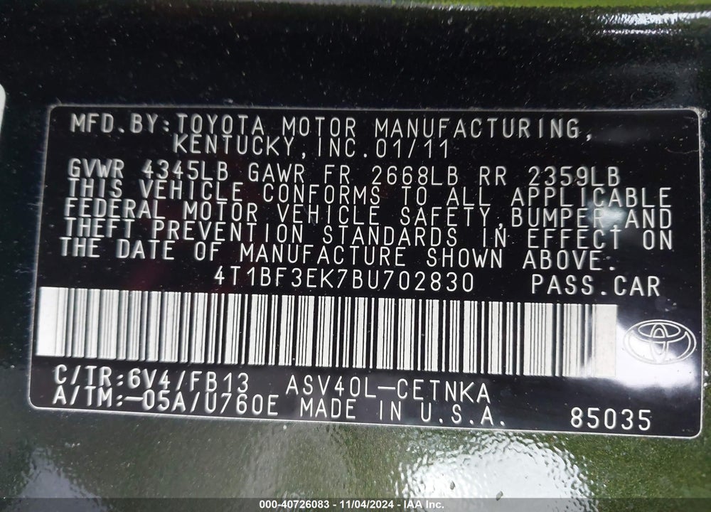 2011 TOYOTA CAMRY LE VIN: 4T1BF3EK7BU702830