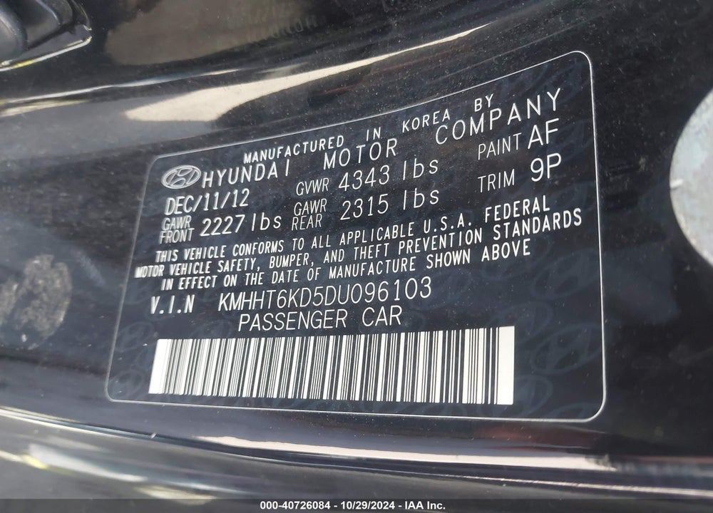 2013 HYUNDAI GENESIS 2.0T VIN: KMHHT6KD5DU096103