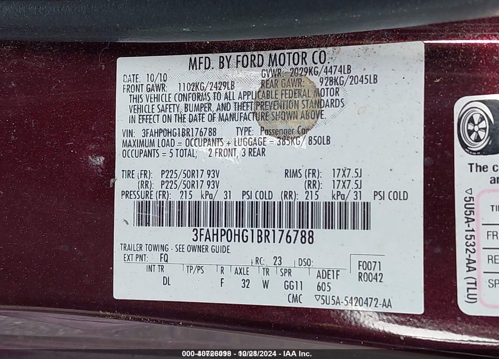 2011 FORD FUSION VIN: 3FAHP0HG1BR176788