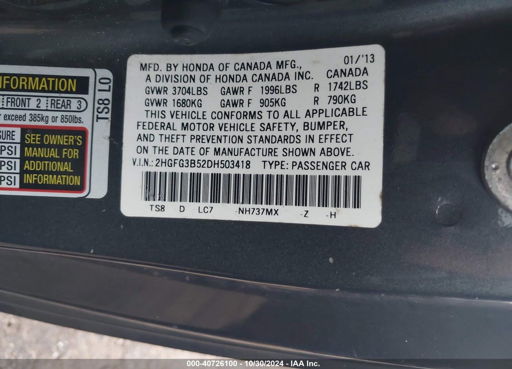 2013 HONDA CIVIC LX VIN: 2HGFG3B52DH503418