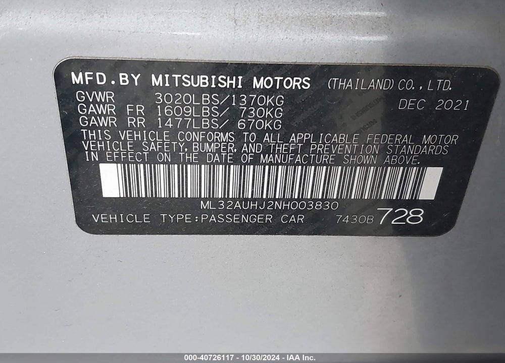 2022 MITSUBISHI MIRAGE ES/LE VIN: ML32AUHJ2NH003830