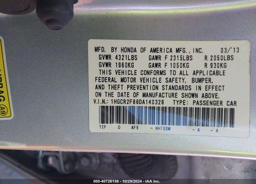 2013 HONDA ACCORD EX-L VIN: 1HGCR2F88DA140326