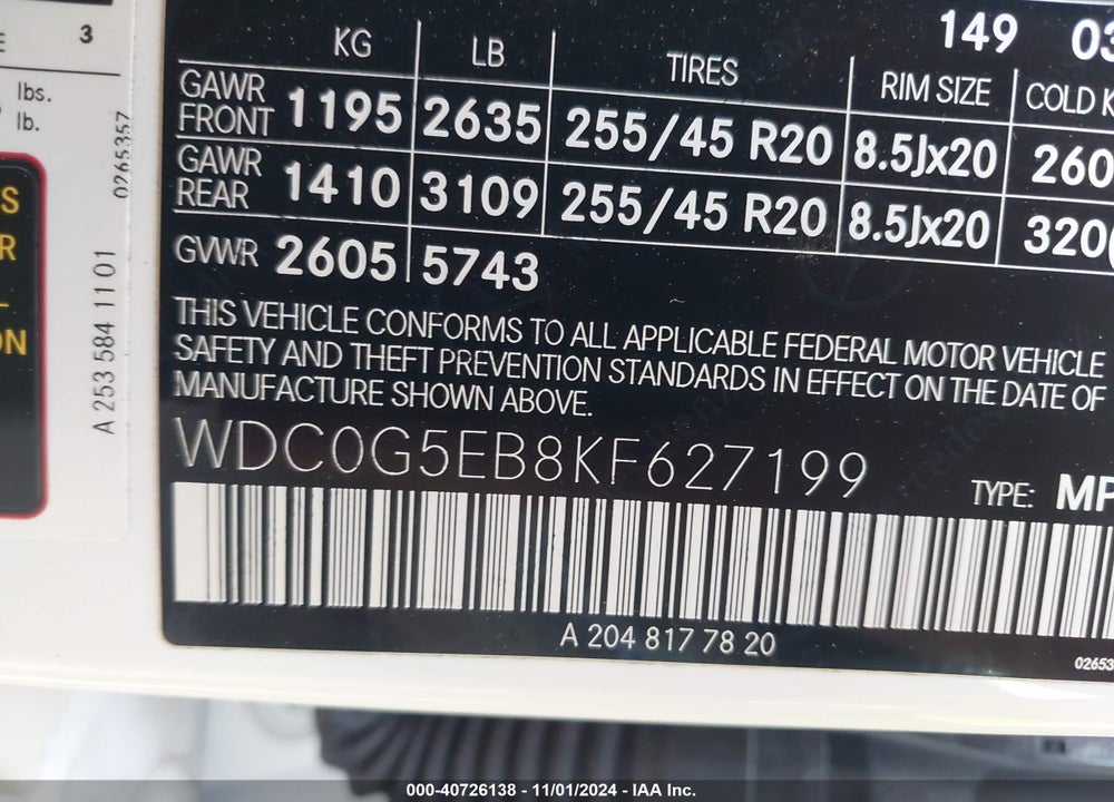 2019 MERCEDES-BENZ GLC 350E 4MATIC VIN: WDC0G5EB8KF627199
