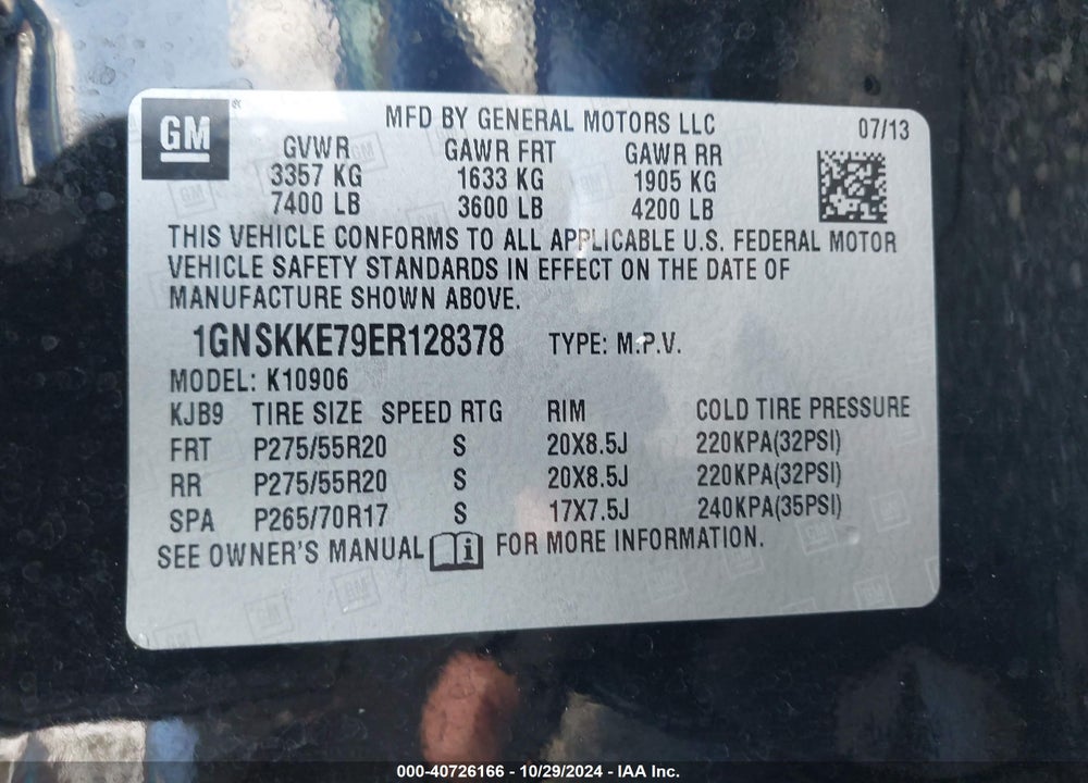 2014 CHEVROLET SUBURBAN 1500 LTZ VIN: 1GNSKKE79ER128378