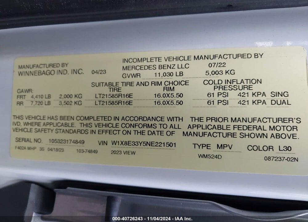 2022 MERCEDES SPRINTER 3500XD VIEW MOTOR HOME VIN: W1X8E33Y5NE221501