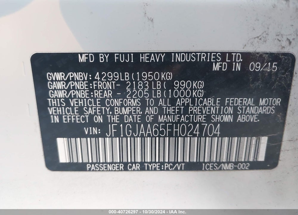 2015 SUBARU IMPREZA 2.0I VIN: JF1GJAA65FH024704
