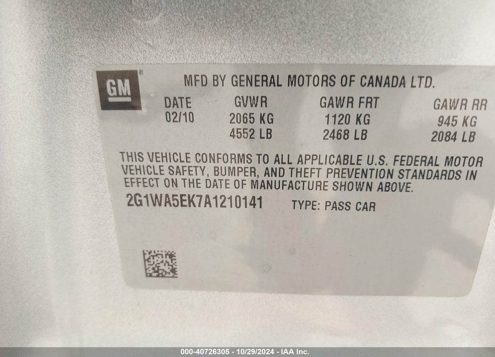 2010 CHEVROLET IMPALA LS VIN: 2G1WA5EK7A1210141