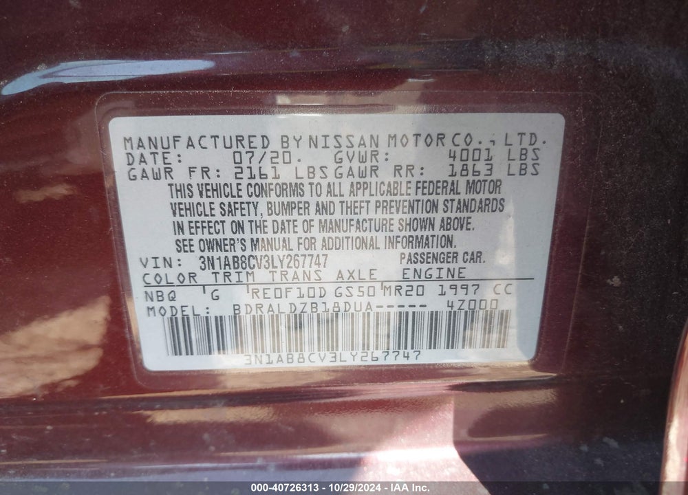 2020 NISSAN SENTRA SV XTRONIC CVT VIN: 3N1AB8CV3LY267747