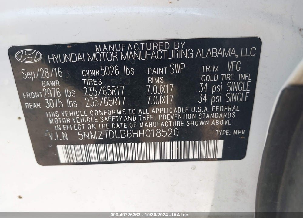 2017 HYUNDAI SANTA FE SPORT 2.4L VIN: 5NMZTDLB6HH018520