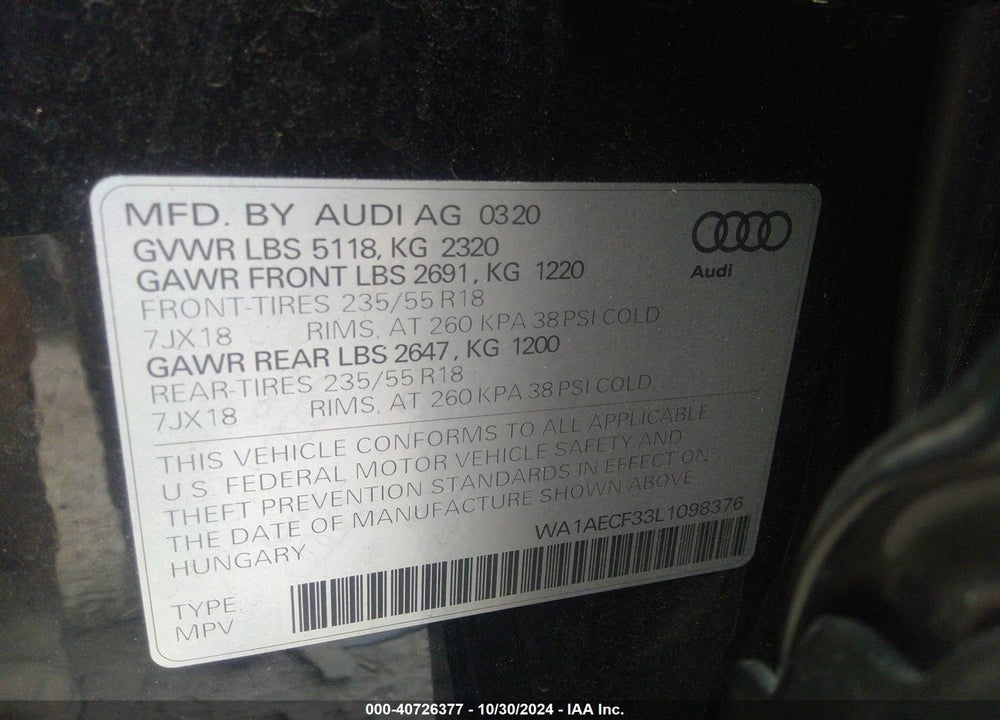2020 AUDI Q3 PREMIUM 45 TFSI QUATTRO TIPTRONIC VIN: WA1AECF33L1098376