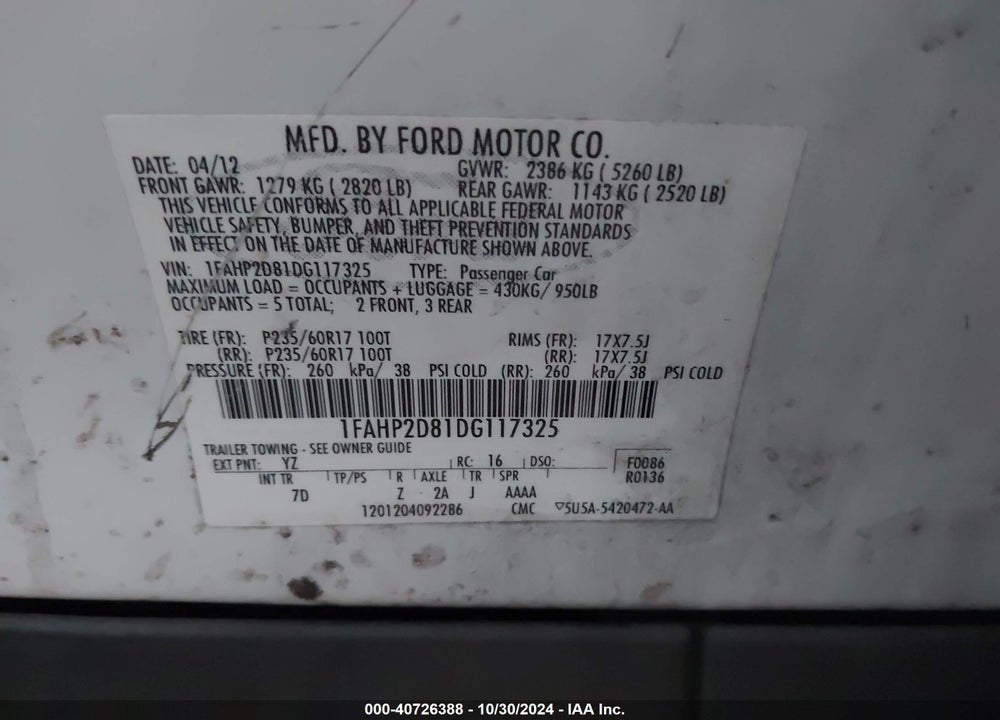 2013 FORD TAURUS VIN: 1FAHP2D81DG117325