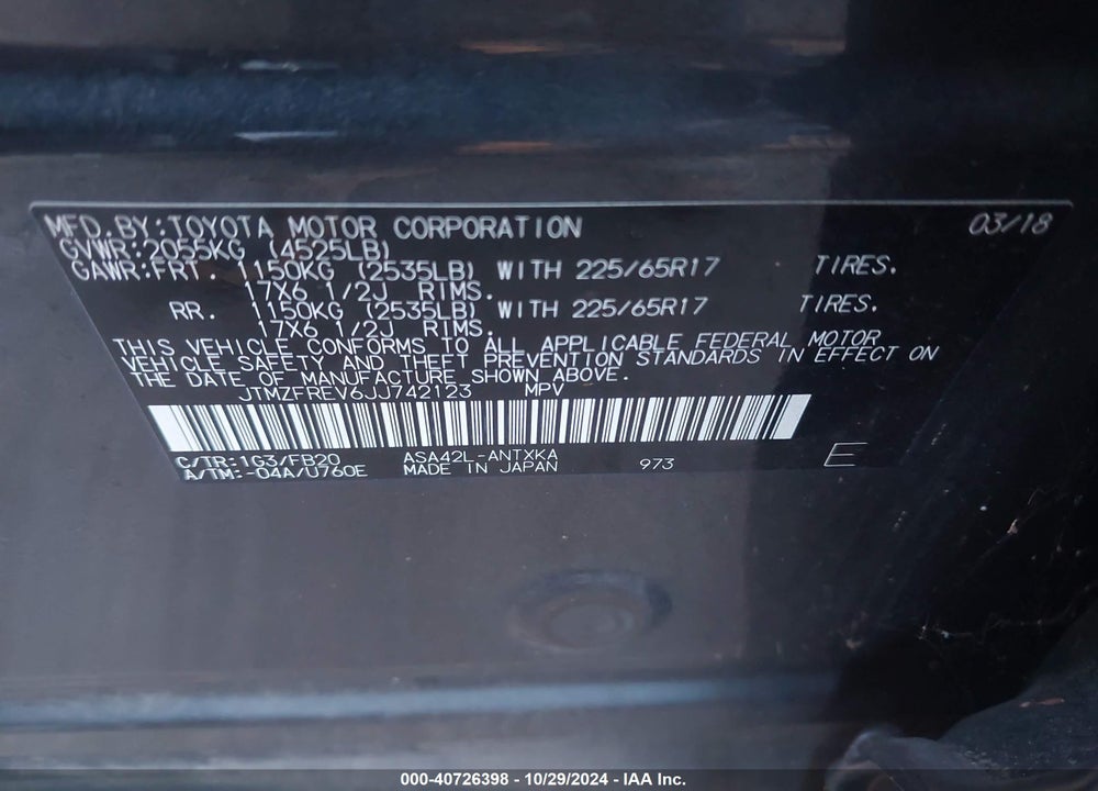 2018 TOYOTA RAV4 LE VIN: JTMZFREV6JJ742123