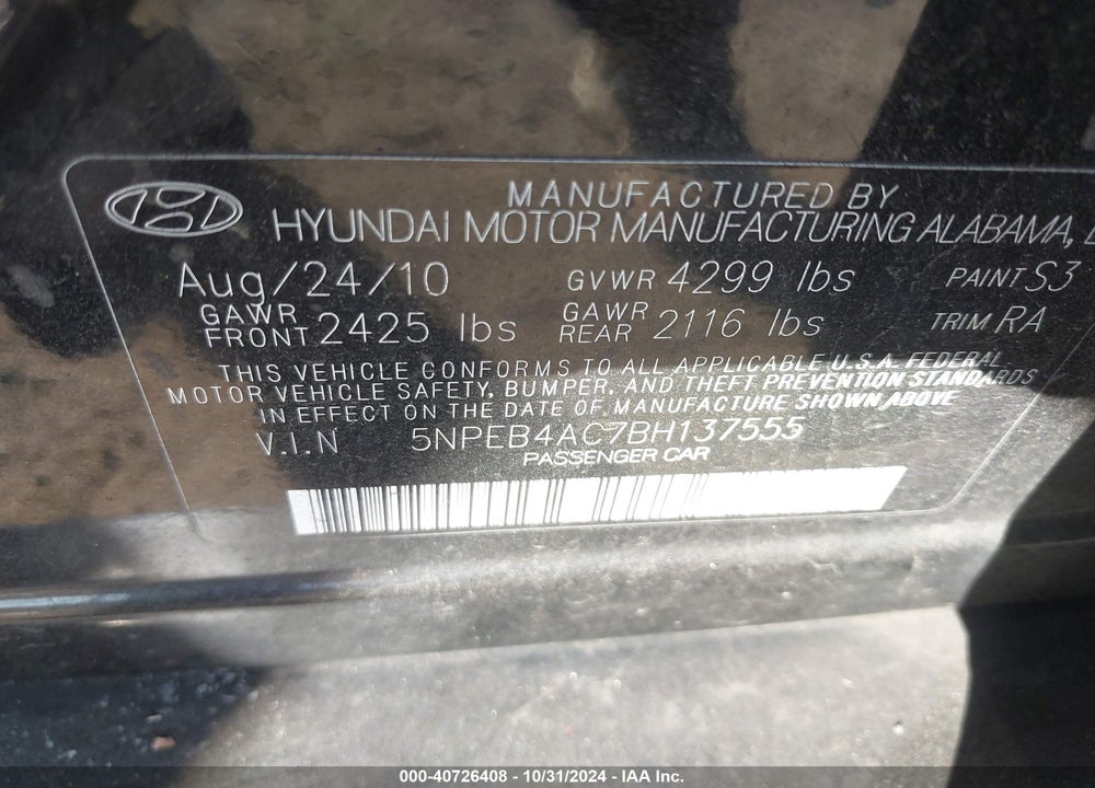 2011 HYUNDAI SONATA GLS VIN: 5NPEB4AC7BH137555
