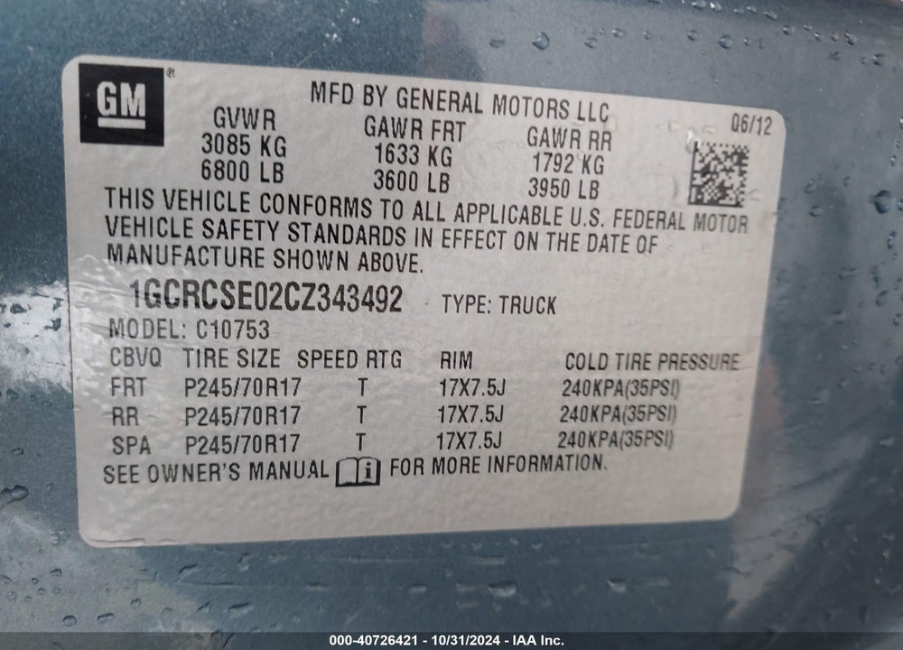 2012 CHEVROLET SILVERADO 1500 LT VIN: 1GCRCSE02CZ343492