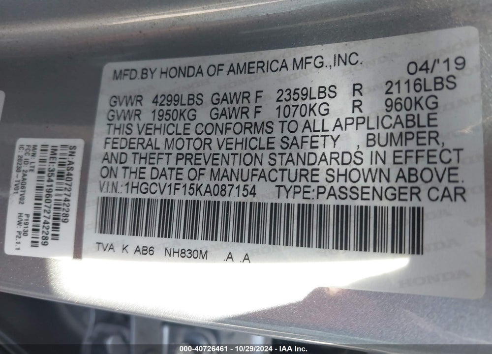 2019 HONDA ACCORD LX VIN: 1HGCV1F15KA087154