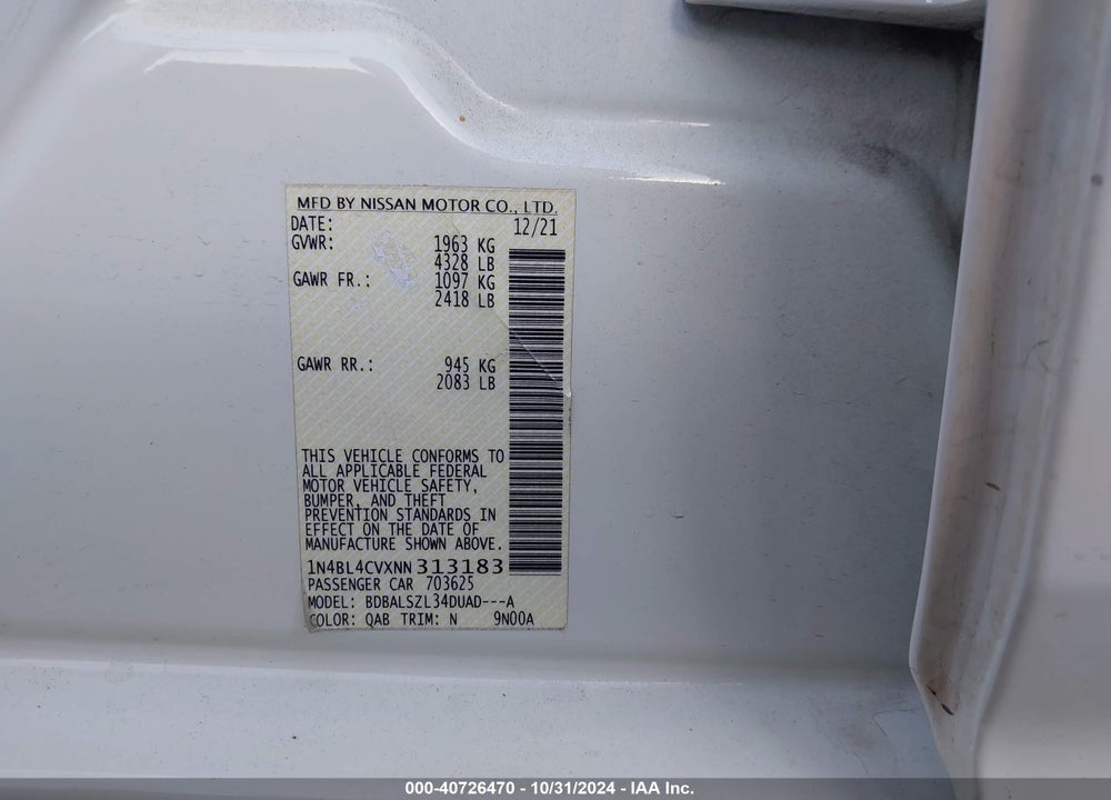 2022 NISSAN ALTIMA SR FWD VIN: 1N4BL4CVXNN313183