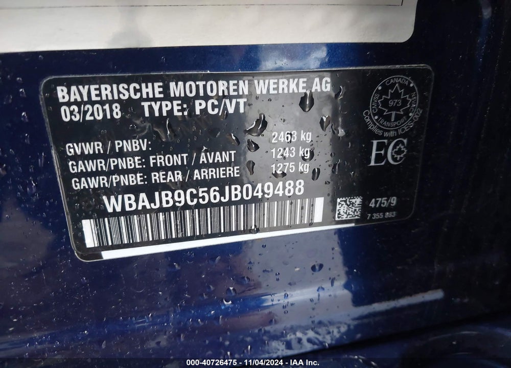 2018 BMW M550I XDRIVE VIN: WBAJB9C56JB049488