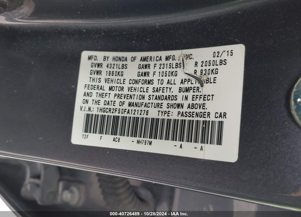 2015 HONDA ACCORD SPORT VIN: 1HGCR2F50FA121276