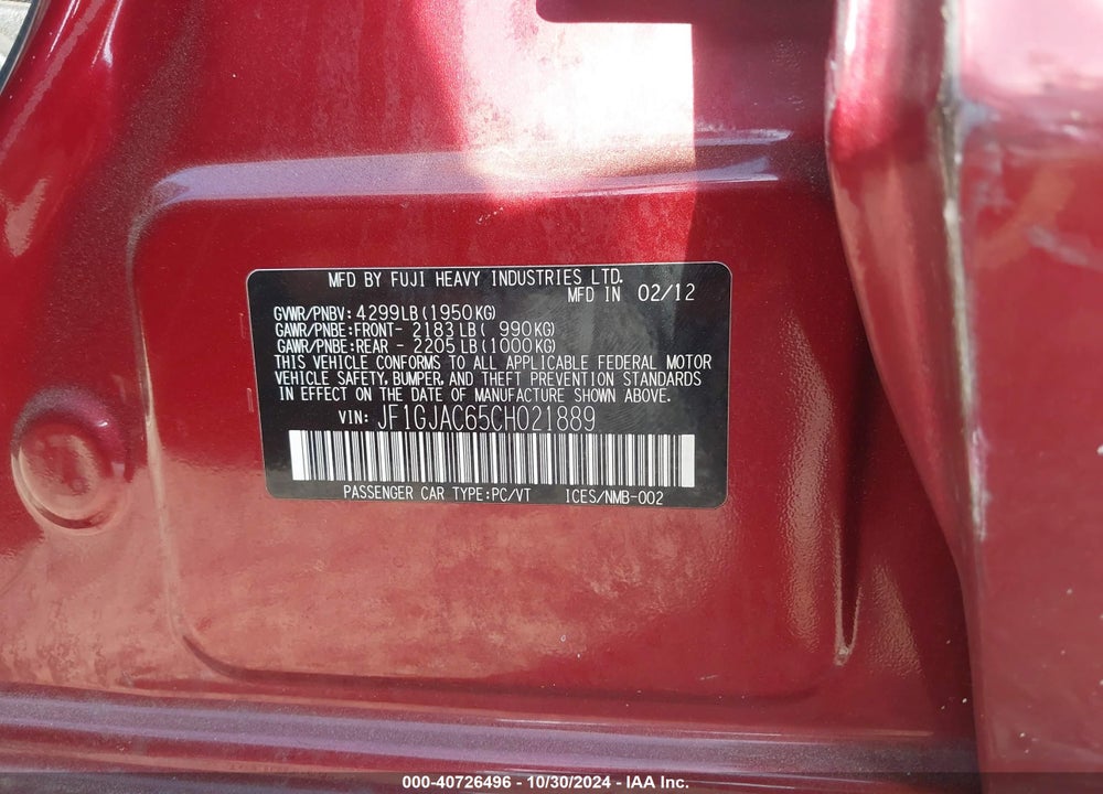 2012 SUBARU IMPREZA VIN: JF1GJAC65CH021889