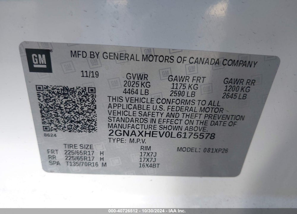 2020 CHEVROLET EQUINOX FWD LS VIN: 2GNAXHEV0L6175578