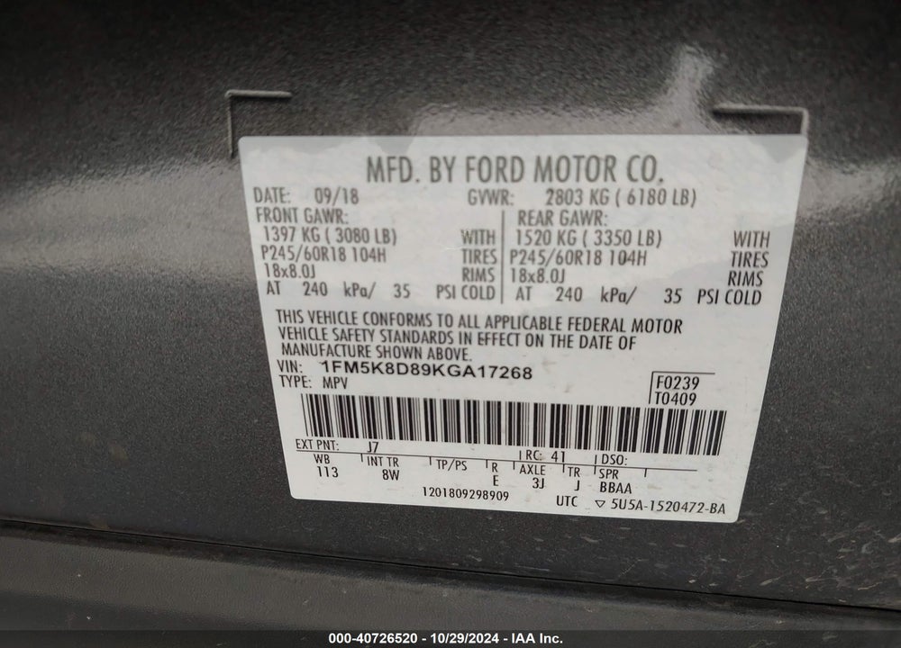 2019 FORD EXPLORER XLT VIN: 1FM5K8D89KGA17268
