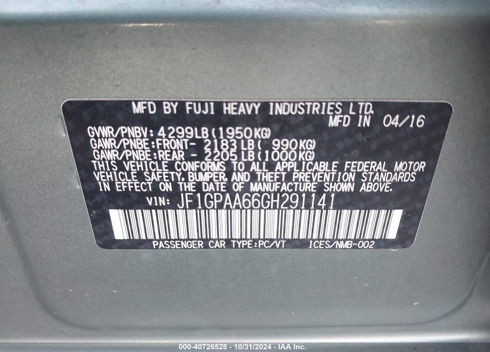 2016 SUBARU IMPREZA 2.0I VIN: JF1GPAA66GH291141