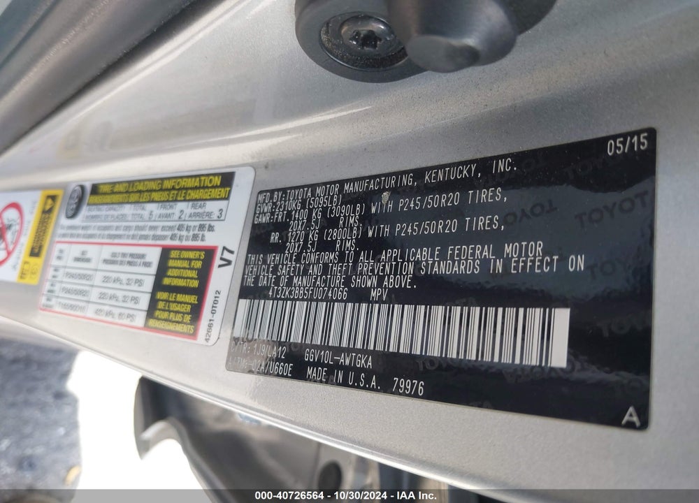 2015 TOYOTA VENZA LE/XLE/LIMITED VIN: 4T3ZK3BB5FU074066
