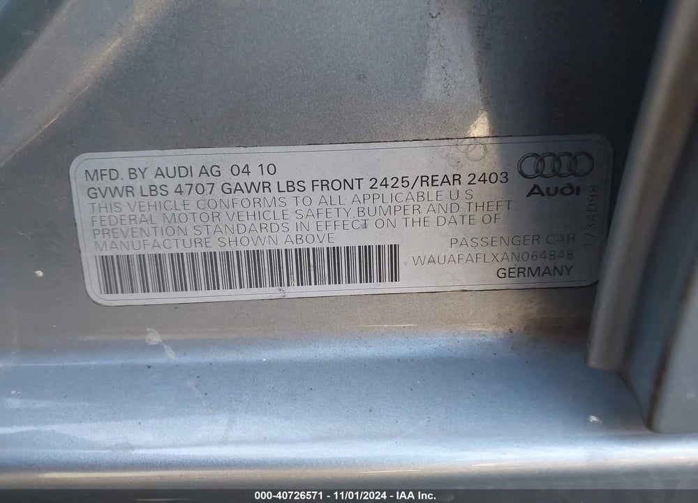 2010 AUDI A4 2.0T PREMIUM VIN: WAUAFAFLXAN064848