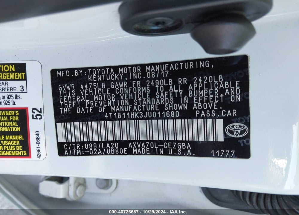 2018 TOYOTA CAMRY XLE VIN: 4T1B11HK3JU011680
