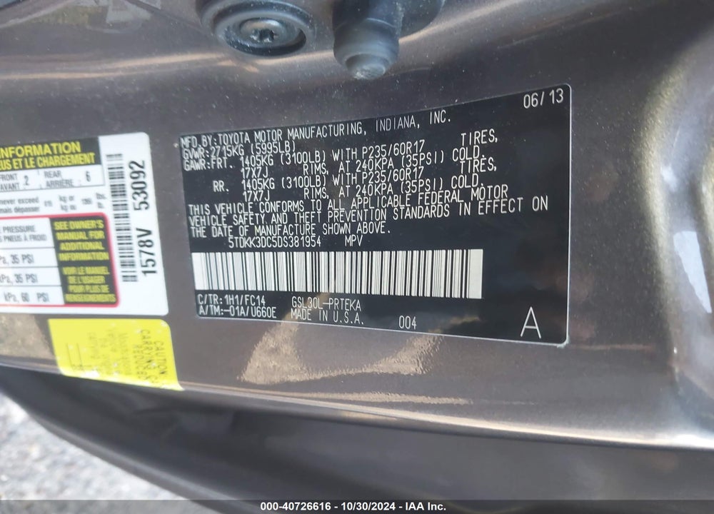 2013 TOYOTA SIENNA LE V6 8 PASSENGER VIN: 5TDKK3DC5DS381954