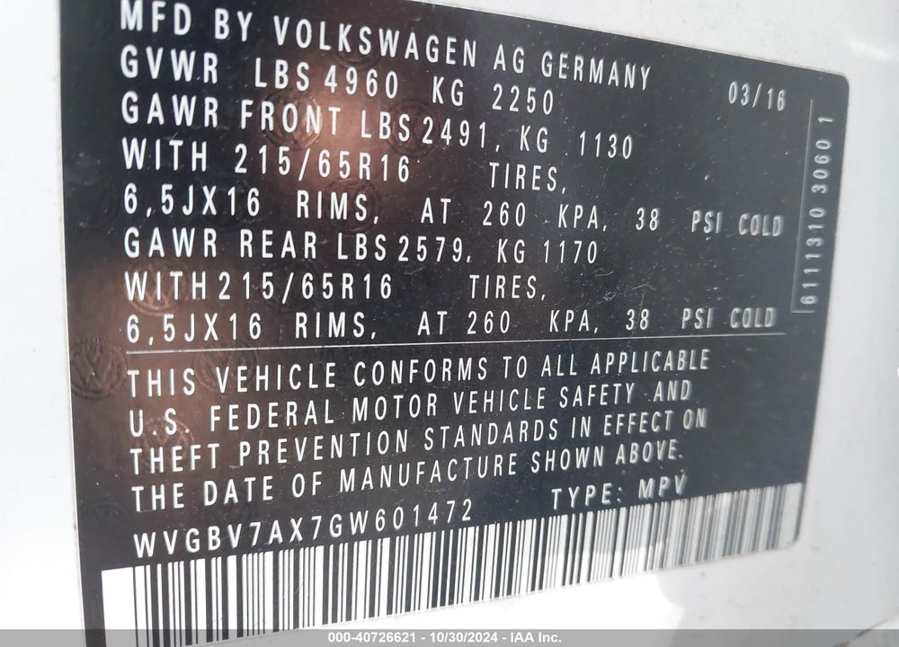 2016 VOLKSWAGEN TIGUAN S VIN: WVGBV7AX7GW601472