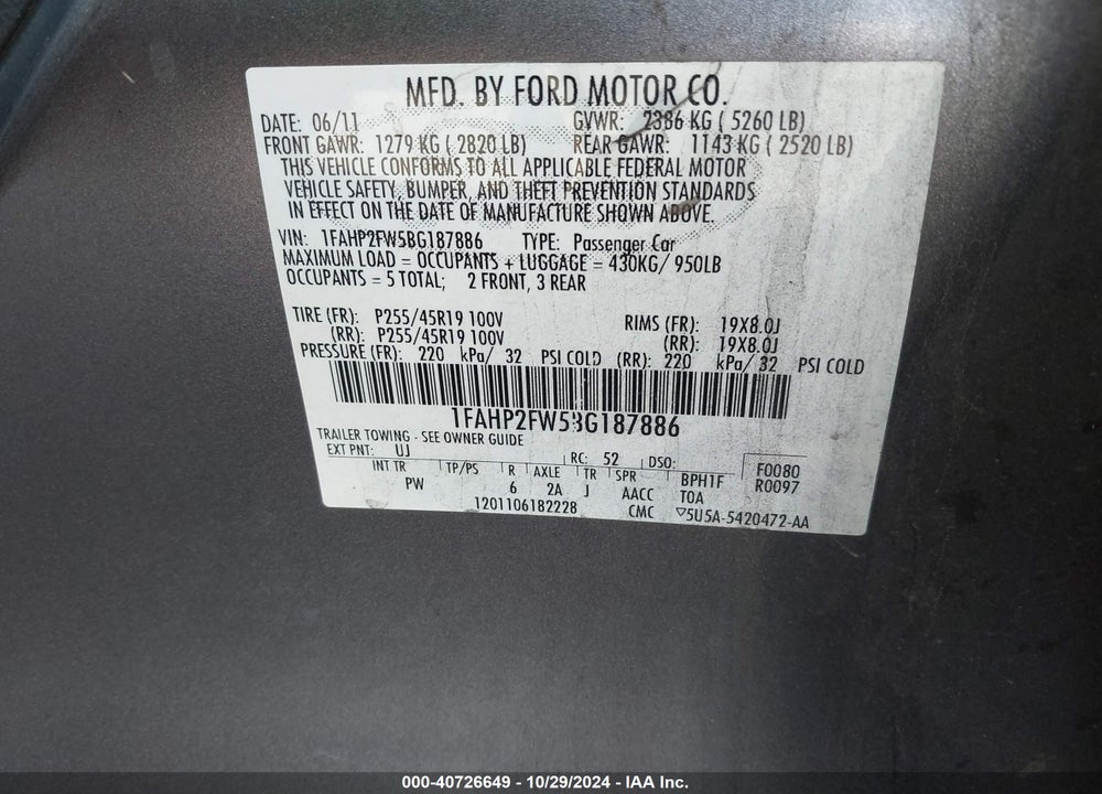 2011 FORD TAURUS LIMITED VIN: 1FAHP2FW5BG187886