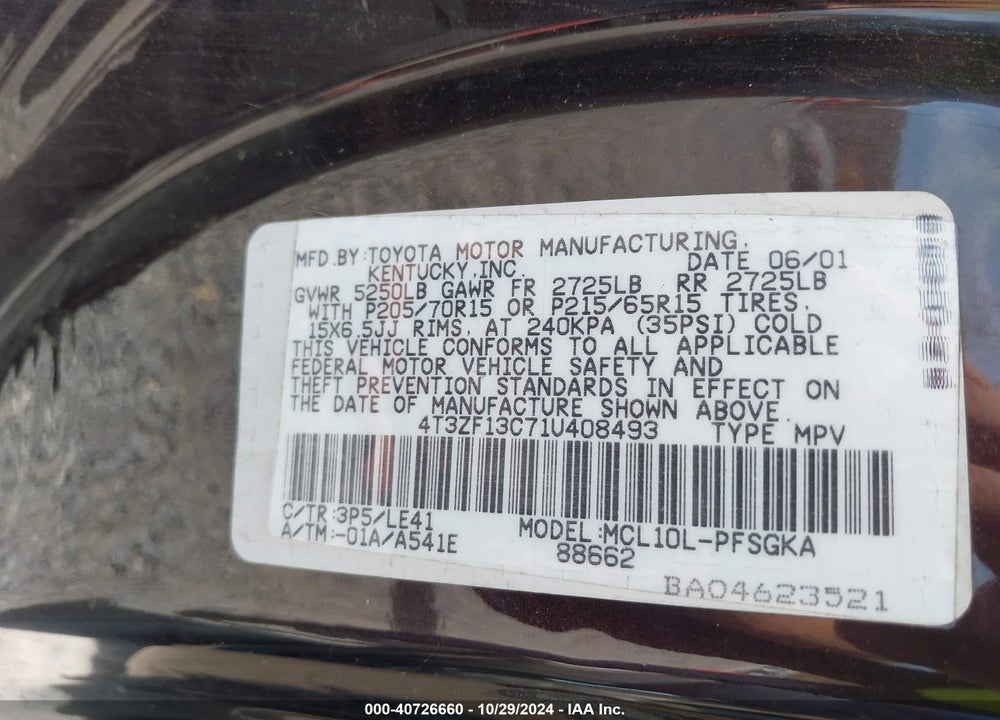 2001 TOYOTA SIENNA XLE VIN: 4T3ZF13C71U408493