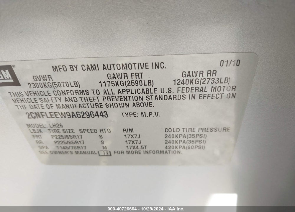 2010 CHEVROLET EQUINOX LT VIN: 2CNFLEEW9A6296443