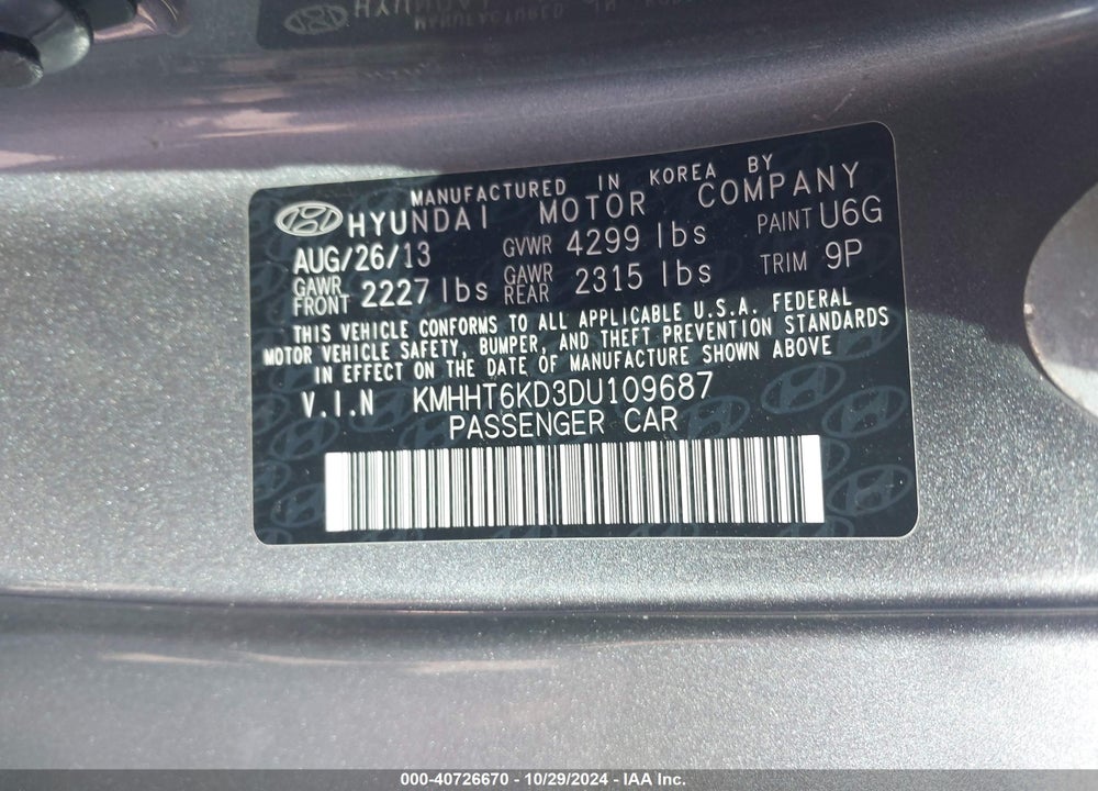 2013 HYUNDAI GENESIS 2.0T VIN: KMHHT6KD3DU109687