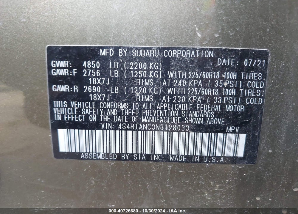 2022 SUBARU OUTBACK LIMITED VIN: 4S4BTANC3N3128033