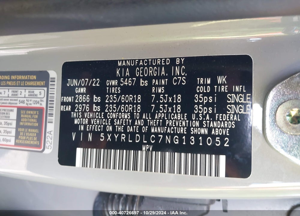 2022 KIA SORENTO X-LINE S VIN: 5XYRLDLC7NG131052