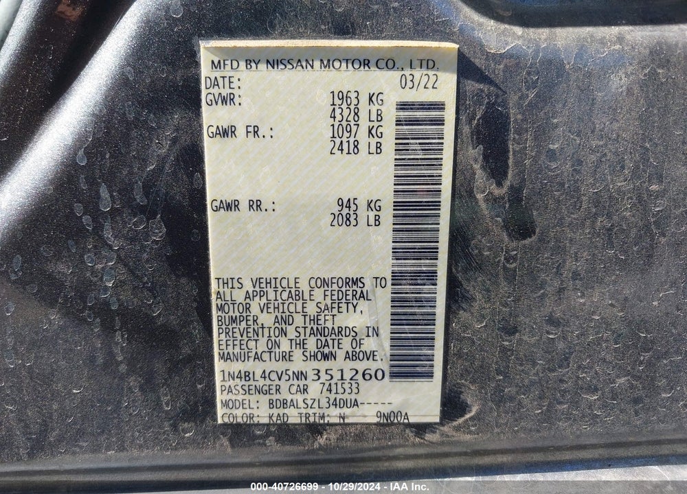 2022 NISSAN ALTIMA SR FWD VIN: 1N4BL4CV5NN351260