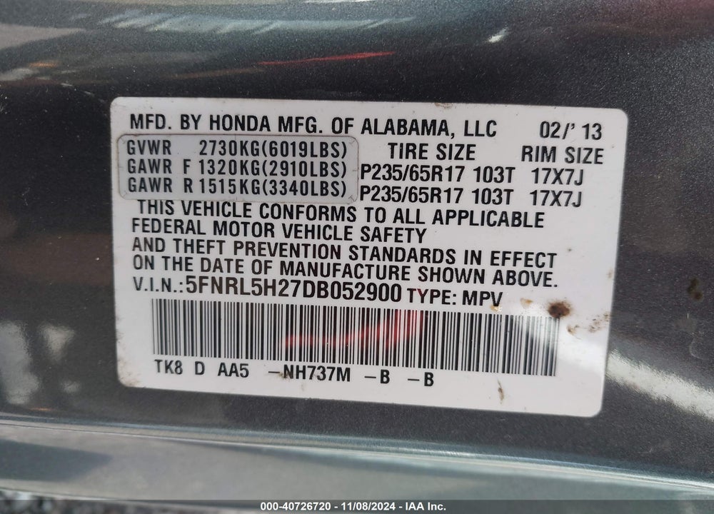 2013 HONDA ODYSSEY LX VIN: 5FNRL5H27DB052900