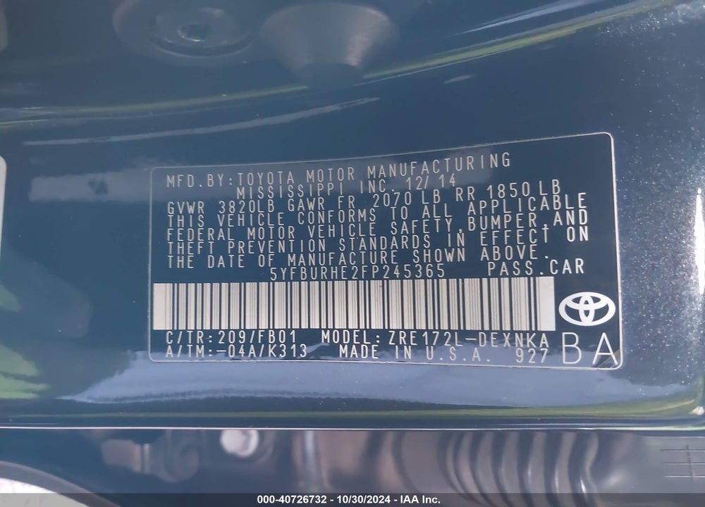 2015 TOYOTA COROLLA LE VIN: 5YFBURHE2FP245365