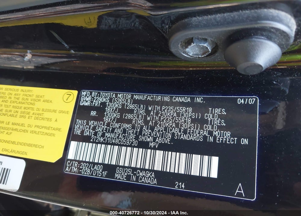 2008 LEXUS RX 350 VIN: 2T2HK31U48C059730