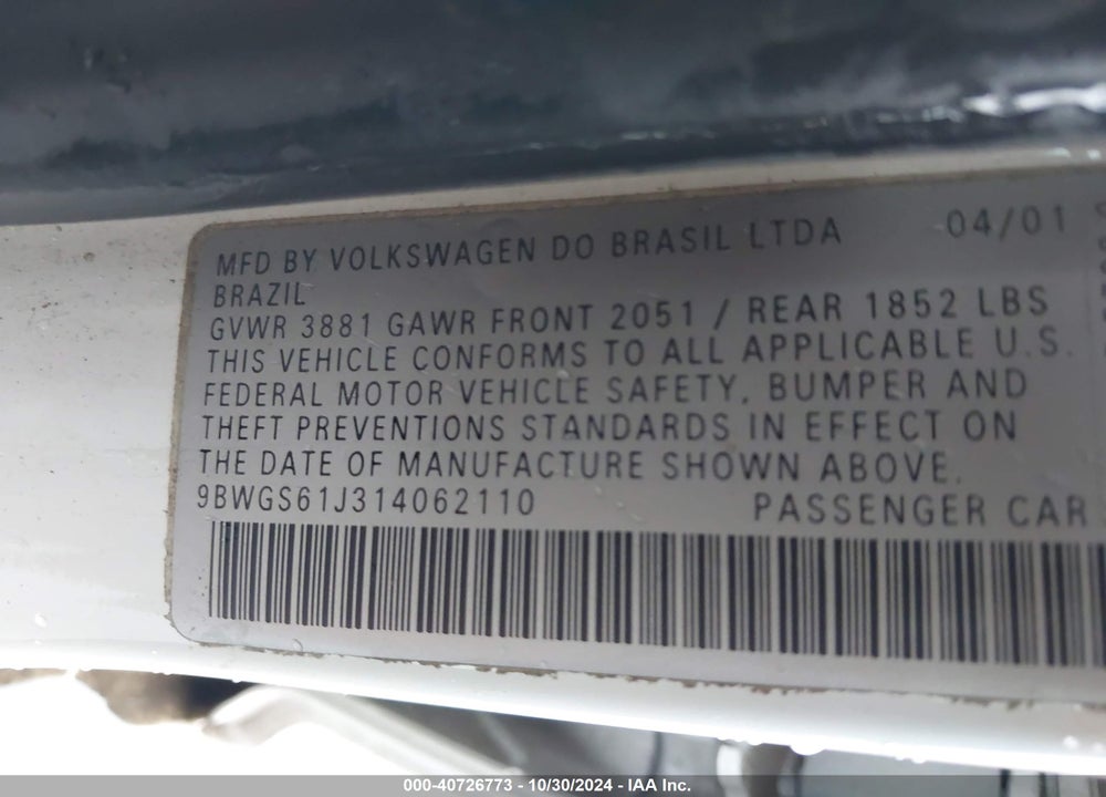 2001 VOLKSWAGEN GOLF GLS VIN: 9BWGS61J314062110
