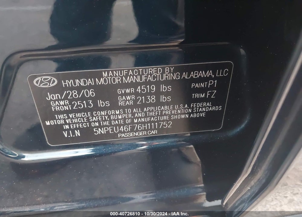 2006 HYUNDAI SONATA GLS V6/LX V6 VIN: 5NPEU46F76H111752