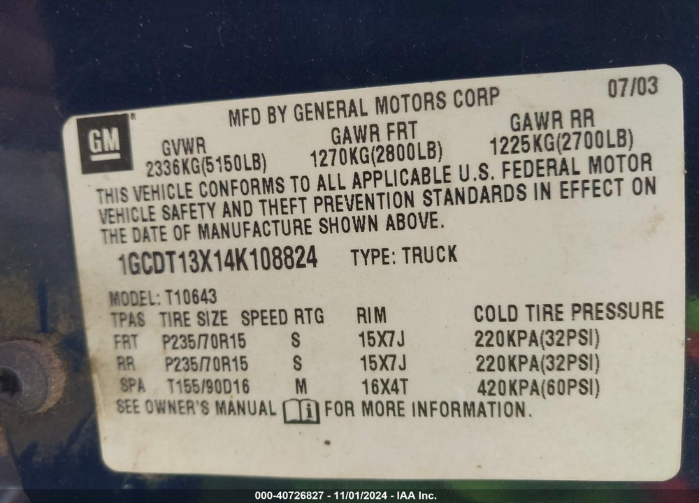 2004 CHEVROLET S-10 LS VIN: 1GCDT13X14K108824